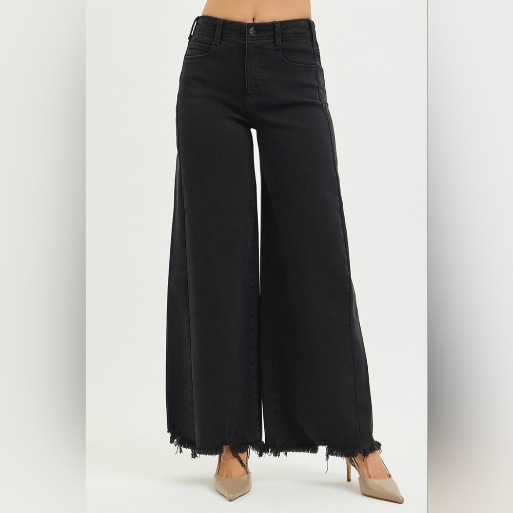 RISEN HR Tummy Control Black Palazzo Jeans Wide Leg Distressed Hems Various NEW - Picture 11 of 12